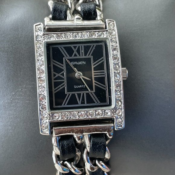 Gruen Ladies Wristwatch Black Leather Silver Tone Quartz Women Watch main image 12